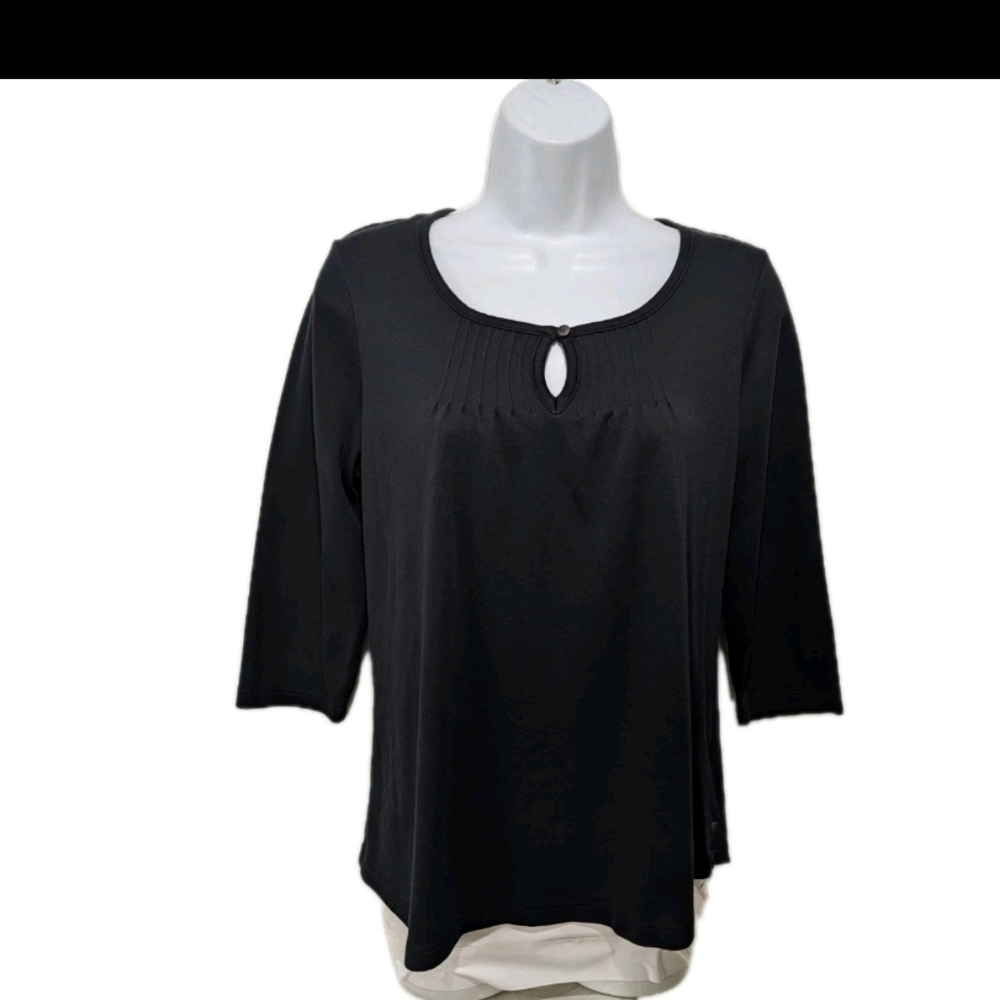 L.L. Bean Babydoll Henley Shirt Top Blouse M Black Outdoor Country Farm #750